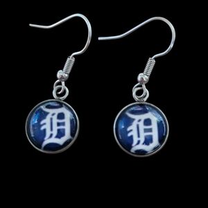 Detroit Tigers White D Dangle Earrings